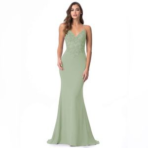 Bridesmaid Wedding Guest Mermaid Lace Chiffon Sweep Train Dress Dusty Sage